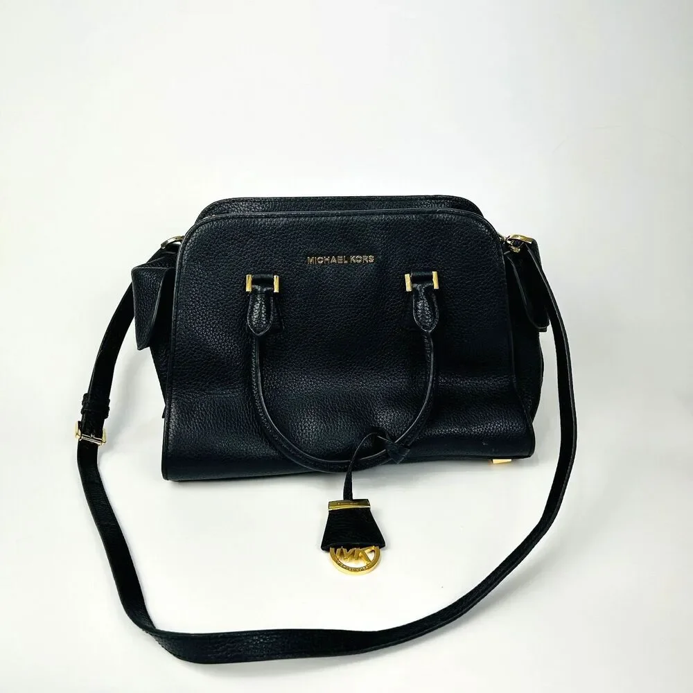 Michael Kors Black Pebbled Leather Handbag Crossbody Satchel Tote Gold Hardware